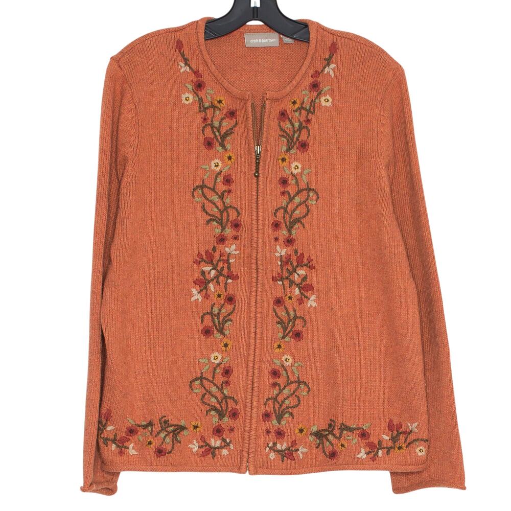 Vintage Croft & Barrow Cardigan Orange Floral Embroidered Zip Boho Cottagecore L